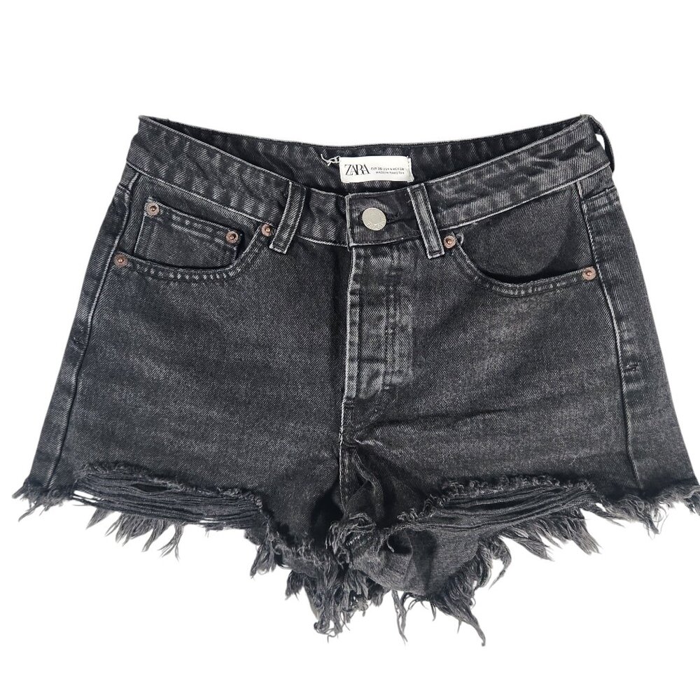 Zara Washed Black Distressed Mid Rise Button Fly Denim Shorts Size 4